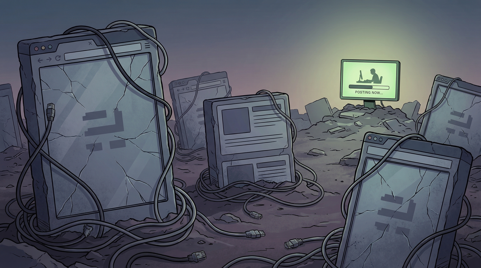 A digital graveyard of abandoned websites with one surviving blog still publishing