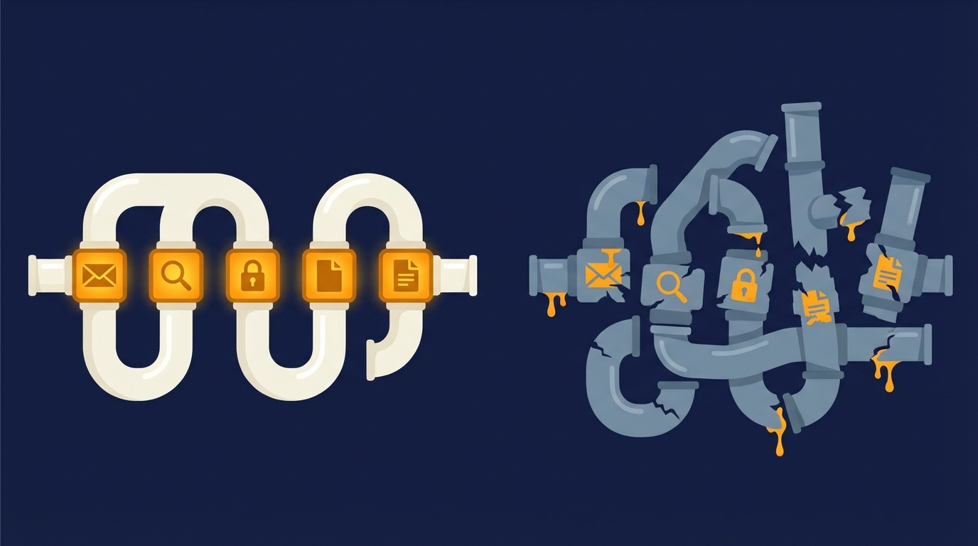 Clean horizontal pipe with envelope, magnifying glass, lock, and document modules beside a messy leaking tangle.