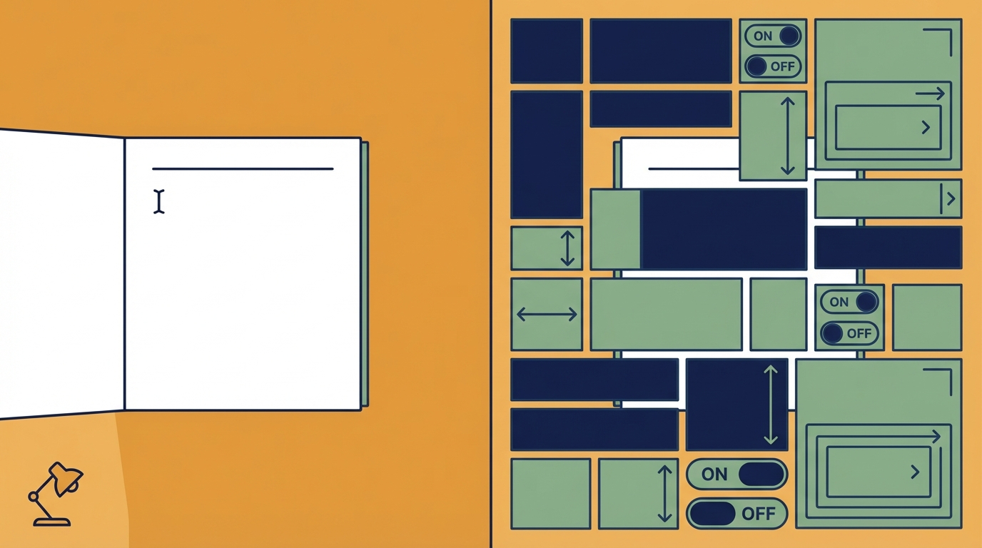 Split-panel scene with blank document on one side and crowded blocks, toggles, and containers on the other.