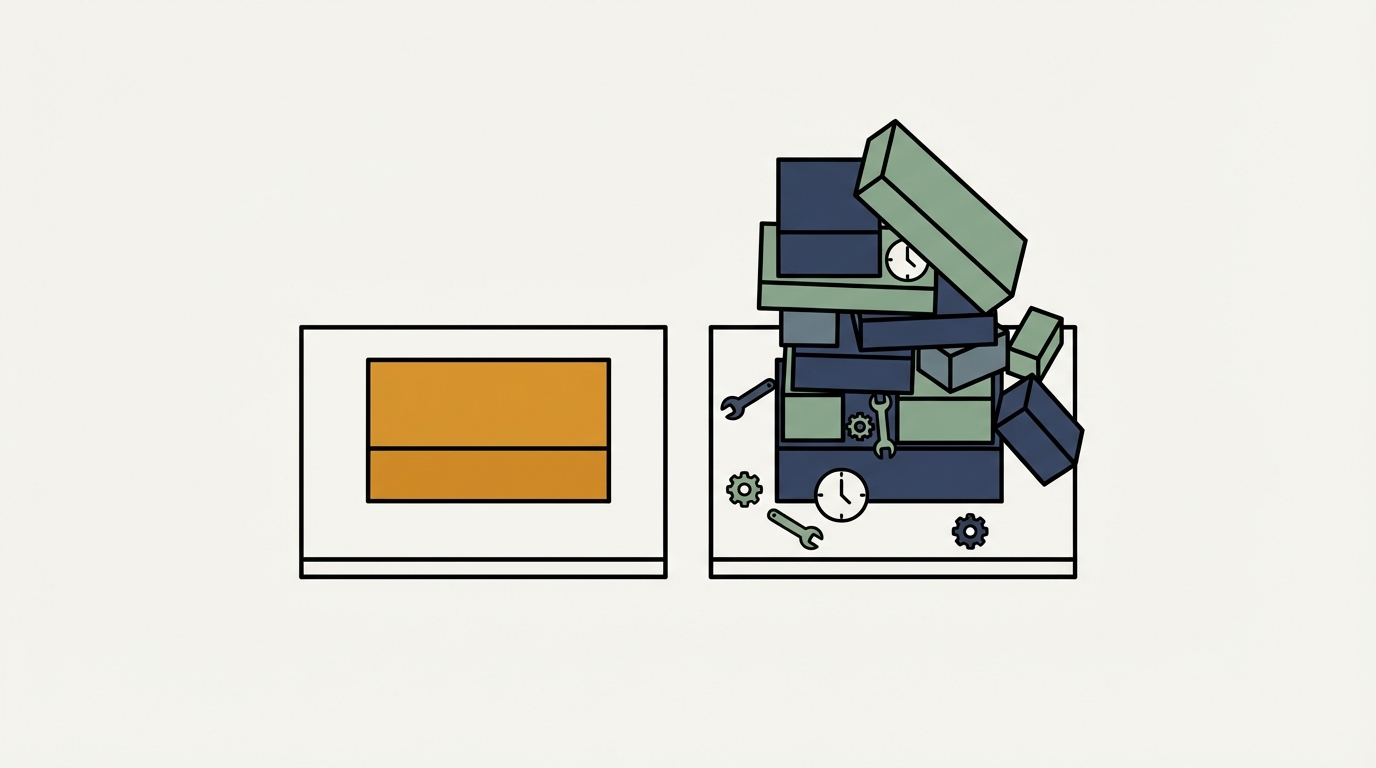 Overhead view of two platforms: one amber block, one unstable stack with tools, illustrating ghost vs wordpress 2026.
