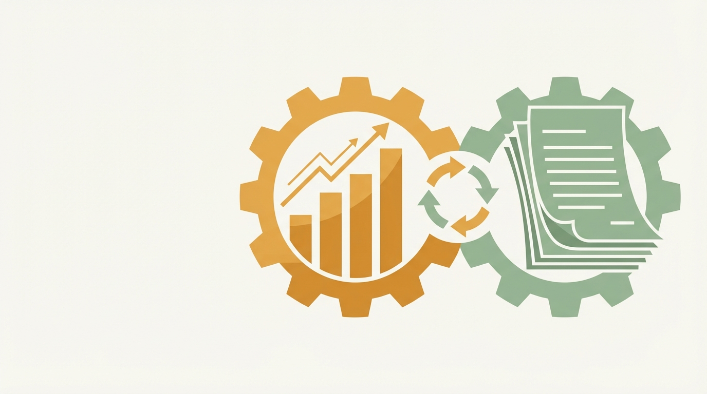 Two interlocking gears form a bar chart and document stack, with arrows circling their connection on off-white.