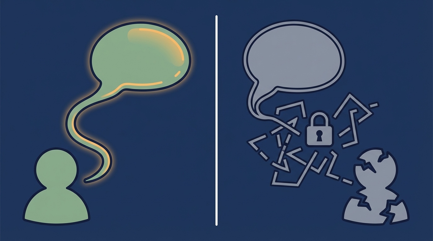 Split scene shows smooth speech bubble link beside tangled locked connection, contrasting ghost cms integrations paths.