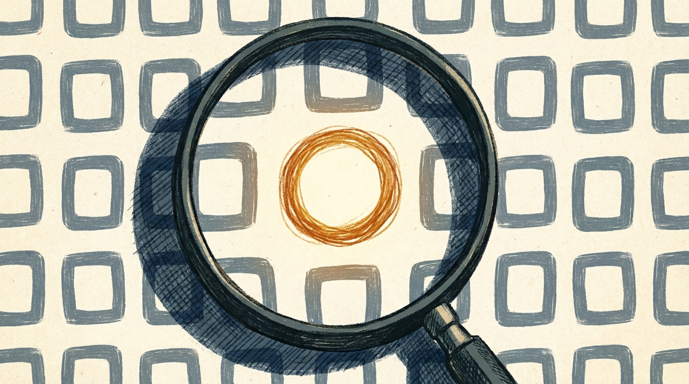 A magnifying glass highlights one irregular hand-drawn shape among many identical forms on grainy parchment.