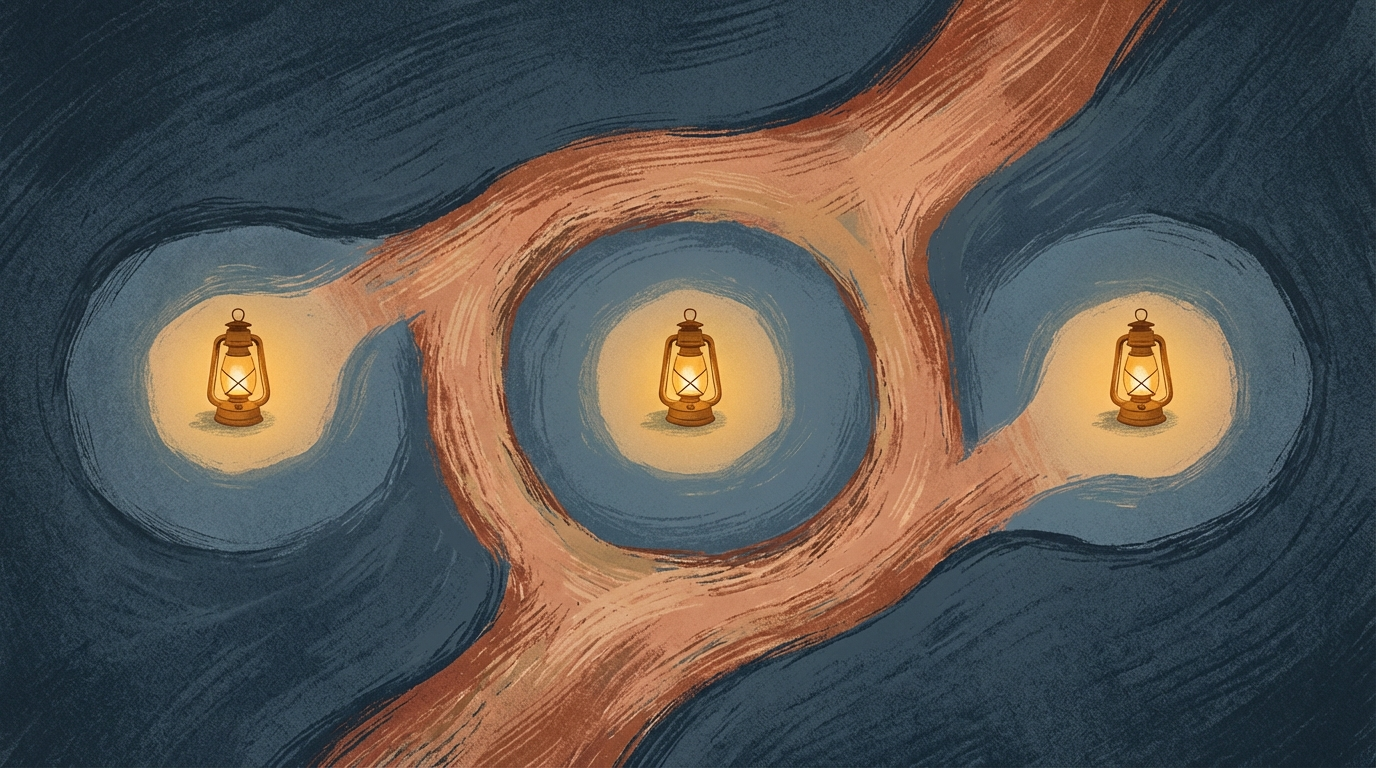 Winding path with three lantern-lit clearings in deep blue landscape suggests checkpoints in human in the loop ai content.