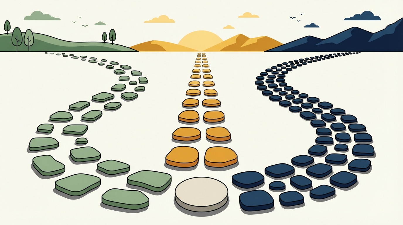 Three diverging stepping-stone paths vary from sparse to dense across an off-white background with bold outlines.