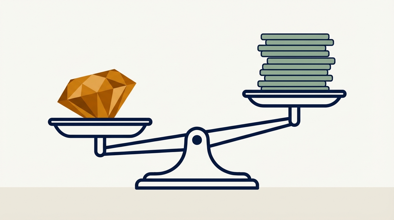 Balance scale holds a faceted amber gem against stacked sage tiles, nearly level, reflecting how often publish blog posts.
