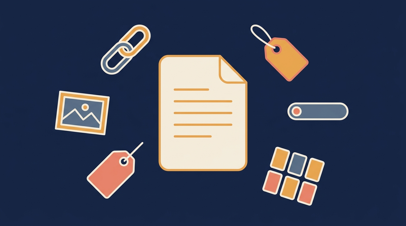 Centered document surrounded by scattered icons like link, image, tag, and cards on a deep navy background.