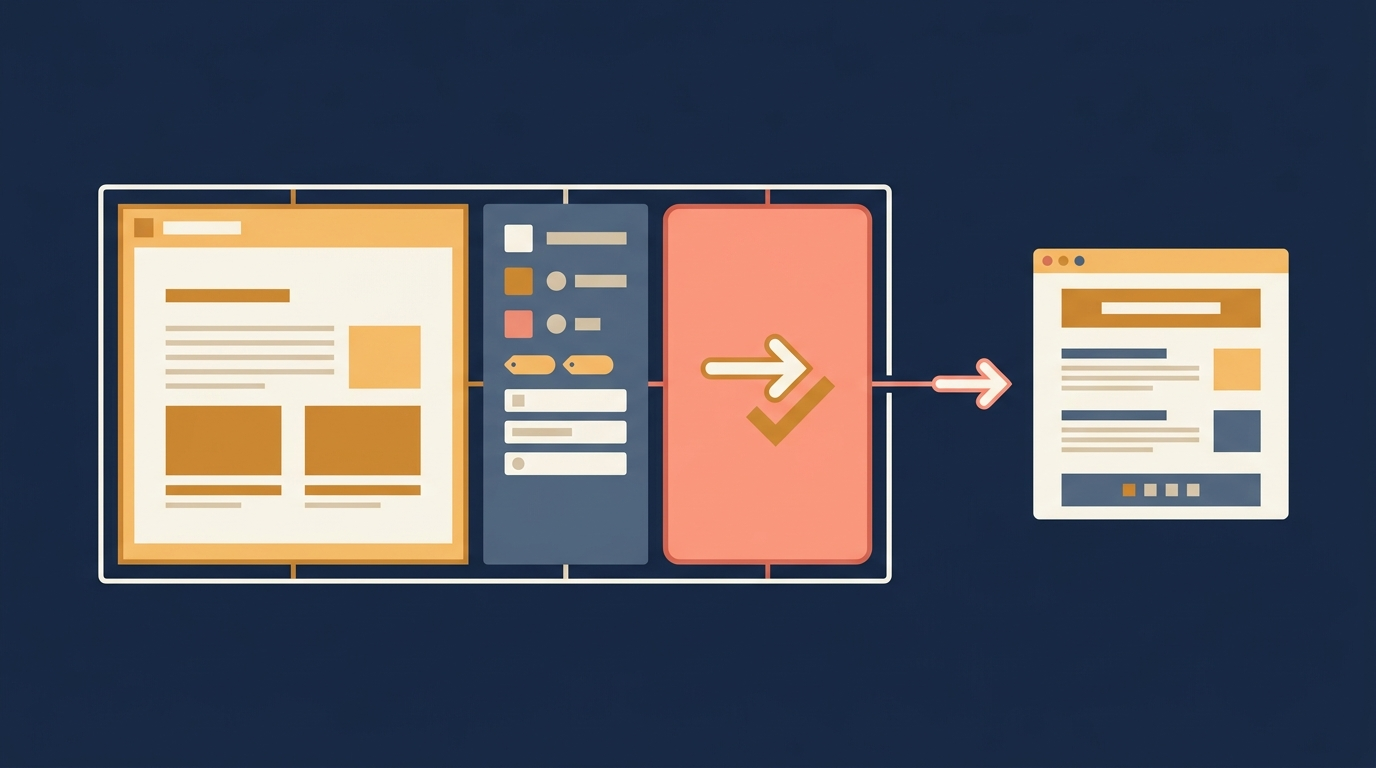 Unified workspace panel with editor, metadata sidebar, and publish button leading cleanly to a blog window for ai writing last mile.